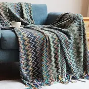[AutoWT] Boho Throw Blankets, Knitted Reversible Soft Bohemian Throw Blankets with Tassels, 50 × 71 Inch Decorative Warm Cozy Throw Blanket for Sofa Couch Bed and Living Room - All Seasons (Blue)