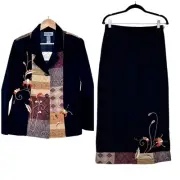 Indigo Moon 90s Womens Jacket Skirt Set 12 Retro Eclectic Boho Patchwork Artsy