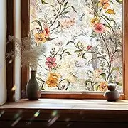 Stained Glass Window Film, Vintage Floral Window Stained Glass Film, Adhesive Privacy Window Film Stained Glass, Static Cling Sun Catcher Window Film for Living Room, Kitchen, Bedroom