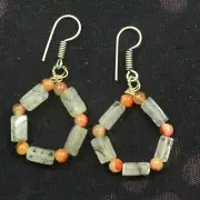 Black Rutilated Quartz Fancy Bead Stone Teardrop Shape Drop Dangle Post Earrings