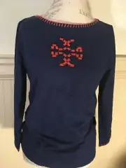 $175 NWT Tory Burch Jayda Navy T-shirt Beaded Logo SzL in manufacturer package