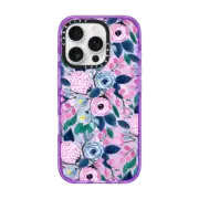 iPhone 16 Pro Impact Case MagSafe Compatible Girly Pink Navy Blue Watercolor Flowers Roses Leaves Pattern Clear