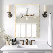Gold Wavy Mirror Whit Wood Frame, 18" X 24" Small Rectangle Boho Mirror for Nurs
