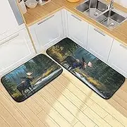 YXYZRMY Moose Spring River Landscape Kitchen Mats for Floor, 2 Piece, Funny Cute Washable Non-Slip Kitchen Rugs Set for Home & Office, Sink, Laundry, 19.7” x 27.6” + 19.7” + 47.2”