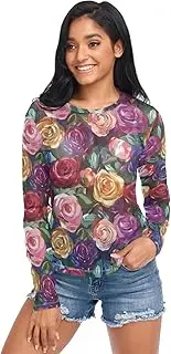 [AIXIWAWA] Women Long Sleeve Mesh Sheer Top Painting Flower, Sexy See-Through Blouse for Party Evening Wear S