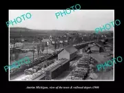 OLD POSTCARD SIZE PHOTO OF ANTRIM MICHIGAN VIEW OF TOWN & RAILROAD DEPOT c1900