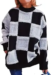[GDAZMB] Women's Plaid Sweater Long Sleeve Sweater Checkerboard Sweater Color Contrast Design Loose All-Match Pullover Sweater