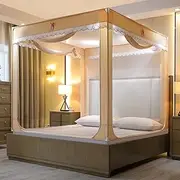 Mosquito Net Bed Tent Canopy 3 Side Door Camping 360° Anti-Mosquito Curtain Netting Bedding Yurt Easy Installation,Beige,2.0 * 2M
