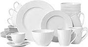 QOMO-1996 24 Pieces Dinnerware Sets for 4,Porcelain Plates and Bowls Sets with Mugs,Cups,Saucers,Ceramic Dish Set,Dishwasher Safe Kitchen Dining set,Striped White