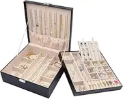 ProCase Jewelry Box for Women Girls Christmas Valentine's Day Ideas, Large Leather Jewelry Organizer Storage Case with Two Layers Display for Earrings Bracelets Rings Watches -Black