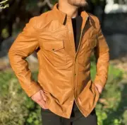Men's Camel brown Leather Full Sleeve Shirt- Summer Lambskin Leather Shirt