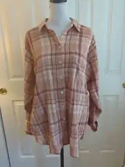 Ann Taylor Loft Peach Ivory Blush Burgundy Plaid Blouse Top Small New
