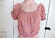 Pink Rose top peasant cropped Jr Large mauve pink floral off shoulder New