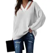 Nevenka Womens V Neck Sweaters Hollow Out Knit Pullover-White