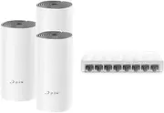 TP-Link Deco AC1200 Smart Home Wi-Fi Mesh, Dual-Band, AI Roaming, Gaming & Streaming, Work with Starlink (Deco E4(3-Pack)) + 8-Port 10/100Mbps Desktop Unmanaged Ethernet Switch, Plug & Play (LS1008)