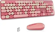 Wireless Keyboard and Mouse Combo, Round Keycaps, Retro Typewriter Keyboard Silent, Auto Sleep, 2.4G Wireless Connection for PC/Windows/Mac (Pink)