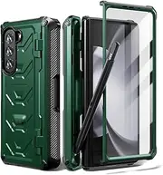 [ELEPIK] Armour Series Case for Samsung Galaxy Z Fold 5 (2023), Full-Body Dual Layer Rugged Case with Built-in S Pen Holder & Screen Protector & Kickstand & Hinge Protector & Wireless Charging (Green)