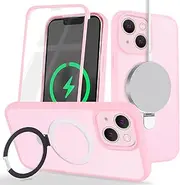 Cavor Magnetic for iPhone 14 Case iPhone 13 Case 6.1'' 360° Full Body Protective Cases Compatible with MagSafe PC Bumper with Built-in Screen Protector Shockproof Phone Cover-Ring Kickstand Pink