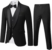 [YND] Men's 3 Piece Slim Fit Tuxedo Set, One Button Shawl Collar Solid Jacket Vest Pants with Bow Tie