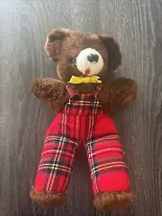 Vintage Dakin Brown Hamot Harry Bear Plush Red Plaid Overalls 11”
