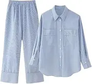 [Zadaos] Woman Striped Long Sleeve Shirts 2 Piece Sets Wide Leg Pants With Drawstring Outfits