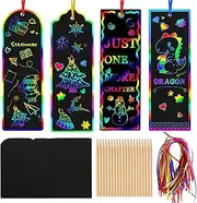 Augsun 96 Kits of Scratch Rainbow Paper Art Bookmarks DIY Gift Tags Magic Rainbow Notes Cards with Bamboo Stylus, Colorful Satin Ribbons for Children Students Party Favor Classroom Travel Activity