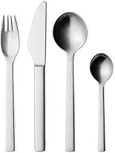 Georg Jensen New York Cutlery Set of 6 Spoons, Forks, Long Grill Knives and Tea Spoons by Henning Koppel - Matte 18/8 Stainless Steel - Pack of 24