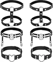 [Syhood] 6 Pieces Adjustable Garter Belts with Anti-slip Clips, Elastic Punk Thigh Ring Garter Star Shaped Leg Heart-shaped Leg Ring 2 Rows Thigh Belt Suspender for Women, Black