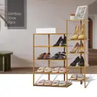 30" Brown Bamboo [ZIG-ZAG TWIN STAND] 10-Tier Shoes Rack w/Boots Storage Shelves