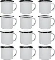 Argon Tableware Enamel Mugs - 375ml - Pack of 12 - Black Metal Insulated Coloured Coffee Mugs Lightweight Camping Cups for Drinking Tea, Hot Chocolate, Coffee