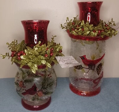 Ganz Original Kissing Krystals Glass Candle Holder Set Cardinals Faux Mistletoe