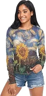 [RPLIFE] Starry Night Sunflowers Mesh Long Sleeve Tops for Women, Sheer Top Long Sleeve S-XXL