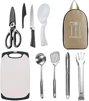 8Piece Camping Cookware Travel Set with Storage Box ，Camping Kitchen Utensils Kit with Spoon, Scissors, Knife, Ladle, Cutting Board, Slotted Turner, Peeler, BBQ Tongs