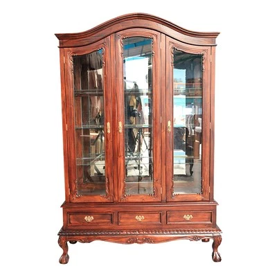 Solid Mahogany Large Chippendale 3 doors Display Cabinet Reproduction