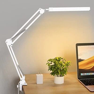 LED Desk Lamp, Swing arm Desk Light with clamp, 3 Lighting White-Aluminum clip