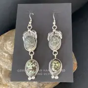 Green Handmade Navajo Spiderweb Turquoise Sterling Dangle Earrings 2" 13545