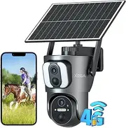 Xega 4G【Dual Lens】 Security Camera Outdoor with SIM Card, 14400mAh Solar Powered Wireless No WiFi Security Camera, 2K HD PTZ CCTV with Human Detection Spotlight Siren Alert TF Cloud Storage IP66