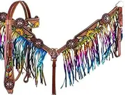 Showman Feather, Sunflower & Cactus Headstall & Breast Collar Set w/Metallic Rainbow Fringe