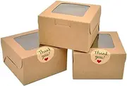 50 Pack Brown Bakery Boxes, 4x4x2.5 Inches Small Pastry Treat Boxes with Window Gift Packaging Boxes for Cookies, Pastries, Mini Cakes, Donut, Pie Slice, Stickers Included