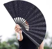 [Generic] Ten-Inch Stainless Steel Painted Folding Fan, For Performance, Dance, Decoration, Festivals, Gifts. Length 33cm/13in (Black)