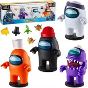 Four Among Us Crewmate Figures with Stampers 4.5-Inchs 10 Hats & Accessories