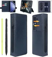 [Woluki] for Samsung Galaxy Z Fold 5 Case with S Pen Holder, Genuine Leather Wallet Case Built-in Slide Camera Cover, Hinge Protection, Kickstand, Stylus Slot Phone Case for Galaxy Z Fold5 5g (Blue)
