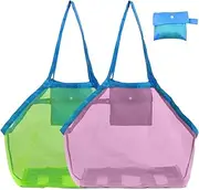 [JZS] Mesh Beach Bag, Extra Large Beach Bags and Totes Tote Backpack Toys Towels Sand Away For Children' Toys Market Grocery Picnic Tote(Pink+Green)