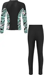 [Yruioon] Modest Full Body Pcs Swimsuit for Big Girls Floral UPF Top with Leggings Rashguard Sets
