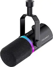 FEELWORLD PM1 XLR USB Dynamic Microphone for Podcast Recording PC Computer Gaming Live Streaming Vocal Voice-Over, Studio Metal Mic with Voice-Isolating, RGB Light, Mute Button, Headphones Jack