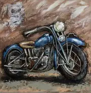 3D Canvas Metal Art Painting of Old Fashioned Blue Motorcycle Hanging Wall Decor