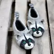 Raccoon handmade unisex slippers, natural wool felted coon, felt flat shoes