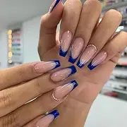 Press On Nails 24pcs Acrylic French Full Cover False Nails Light Color w Diamond Blue Tip Long Coffin Fake Nail Women Girls Daily Decoration Nail Extension Easy DIY