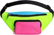 [FOLGOS] Three Pockets Neon Retro 80s Fanny Pack for Women Men Travel Festival Theme Party Vintage Rave Accessories Plus Size Belt Bag, Blue+pink+neon green, 10.6"×5.1"×1.2", 80s