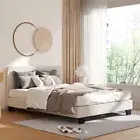 Durable Bed Frame Double Size Mattress Base Platform Wooden Arched Slat Beige
